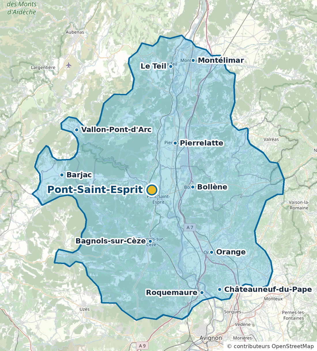 Carte de la zone d'intervention de Bloc Piscines autour de Pont-Saint-Esprit, des deux côtés du Rhône : de Montélimar et Vallon-Pont-d'Arc au nord jusqu'à Orange, Châteauneuf-du-Pape et Roquemaure au sud.
